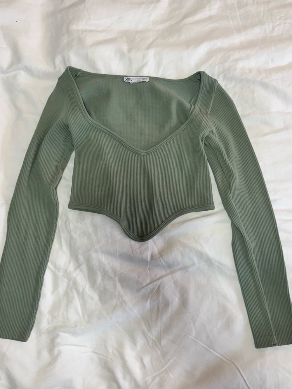 Zara Ribbed V-Neck Pointed-Hem Crop Top in Sage Green